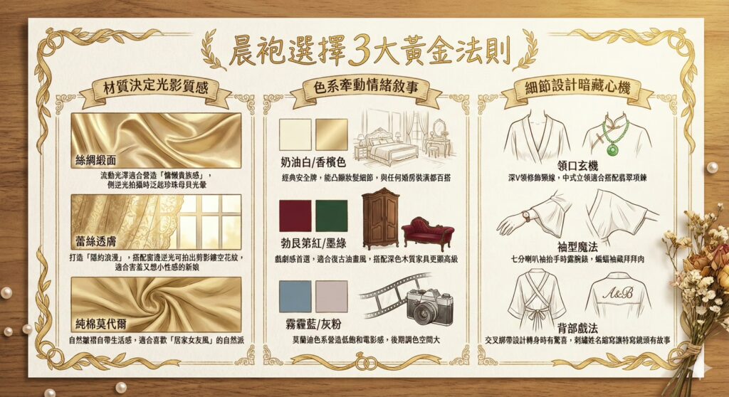 婚禮晨袍怎麼選？掌握 3 大黃金法則，拍出專屬儀式感！

材質定調質感： 絲綢緞面營造慵懶貴族光暈，蕾絲透膚展現隱約浪漫，純棉莫代爾打造自然居家風。

色系牽動情緒： 香檳白百搭經典，勃艮第紅復古高級，霧霾藍自帶低飽和電影濾鏡。

細節藏心機： 深 V 修飾頸線，特殊袖型顯瘦藏肉，背部刺繡更添故事感。

選對晨袍，讓婚禮早晨的每張側拍都成為質感大片！