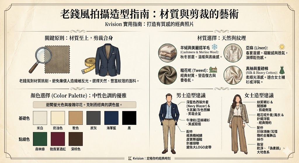 Kvision 製作的「老錢風拍攝造型指南」資訊圖表學習卡，主題是材質與剪裁的藝術。圖中詳細解說了如何準備有質感的老錢風照片造型，重點包含挑選天然紋理面料（如羊絨、亞麻）、使用中性經典色調盤，以及具體的男女士服裝穿搭與配件建議，強調低調優雅且避免大LOGO的原則。