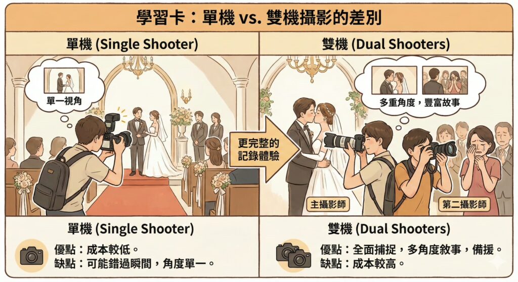 單機與雙機婚禮拍攝差異比較學習卡｜多視角紀錄優勢、拍攝完整度比較
