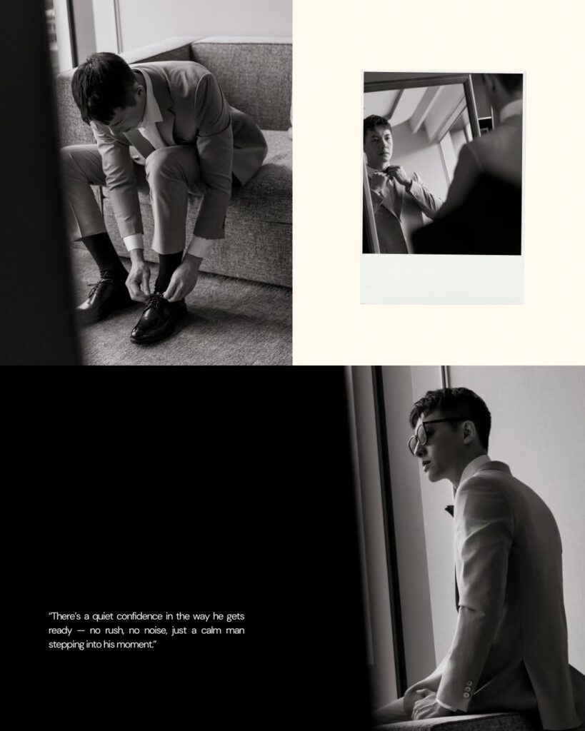 台北漢來婚禮中新郎於黑白氛圍中整理鞋履與在窗邊沉思的準備畫面拼貼，呈現沉穩紳士感的婚攝紀實照片