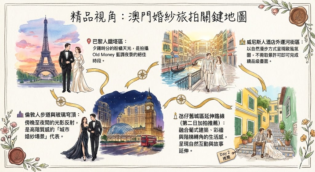 澳門精品婚紗攝影景點推薦手繪圖卡。插畫展示澳門巴黎人、威尼斯人、倫敦人酒店及氹仔舊城區的特色婚紗照風格、拍攝時段與路線建議。

選項三：簡潔描述型（適用於空間較小的欄位）
