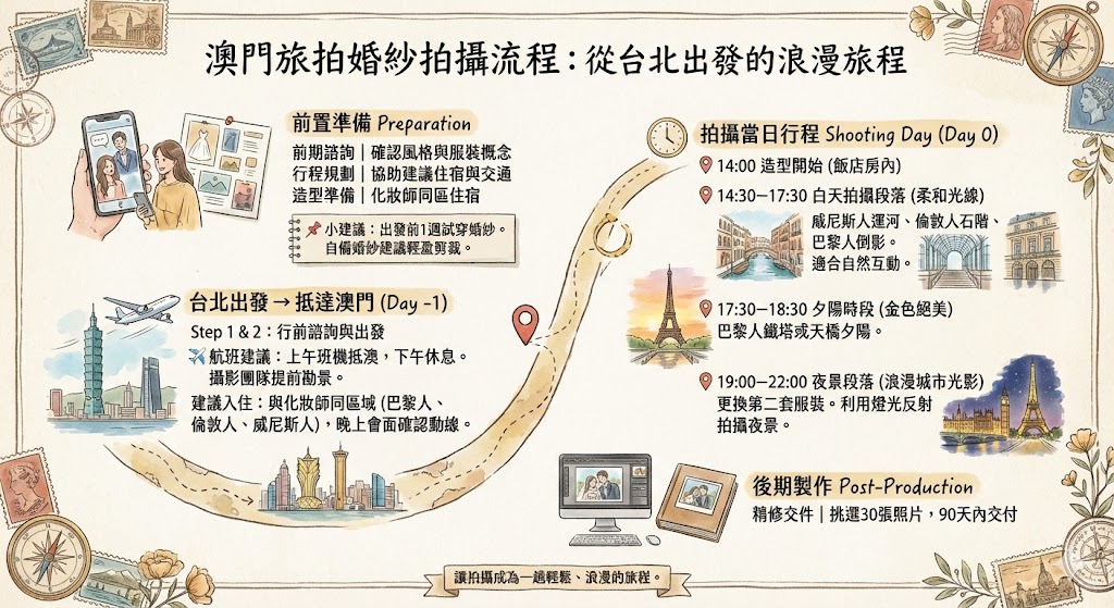 澳門海外婚紗攝影標準流程手繪圖（台北出發）。圖表包含行前準備清單、抵達澳門的住宿安排建議，以及拍攝當日的詳細行程表，涵蓋在澳門威尼斯人、倫敦人與巴黎人酒店拍攝白天街景、黃昏夕陽及浪漫夜景婚紗的時段與風格指南。