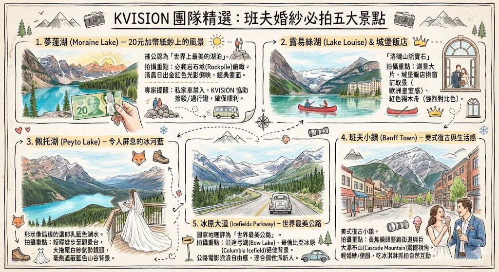 KVISION 團隊精選班夫婚紗攻略圖卡，詳細介紹加拿大洛磯山脈必拍五大景點：1. 夢蓮湖 (Moraine Lake) 日出與岩石堆拍攝點；2. 露易絲湖 (Lake Louise) 泛舟與城堡飯店拱窗取景；3. 佩托湖 (Peyto Lake) 冰河藍大景觀景台；4. 班夫小鎮 (Banff Town) 大街與瀑布山背景；5. 冰原大道 (Icefields Parkway) 公路電影感婚紗。圖中包含各景點的拍攝重點與 KVISION 專家交通提醒。