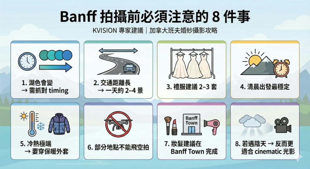KVISION 班夫婚紗攝影指南：拍攝前必知的 8 大重點。包含湖色時機、交通規劃、禮服數量、清晨出發建議、保暖穿著、空拍禁令、妝髮地點建議，以及陰天拍攝的電影感優勢。