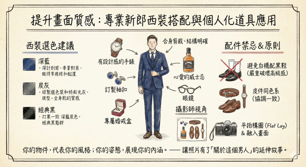 「【新郎品味指南】電影感西裝穿搭平拍。以深藍色合身西裝為核心，巧妙融入皮鞋、手錶與個性化道具，展現『關於這個男人』的風格故事與紳士內涵。」