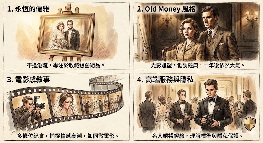 「Kvision 婚禮攝影手繪四格漫：解析 Old Money 永恆優雅美學、電影感敘事紀錄與名人婚禮的高端隱私服務」