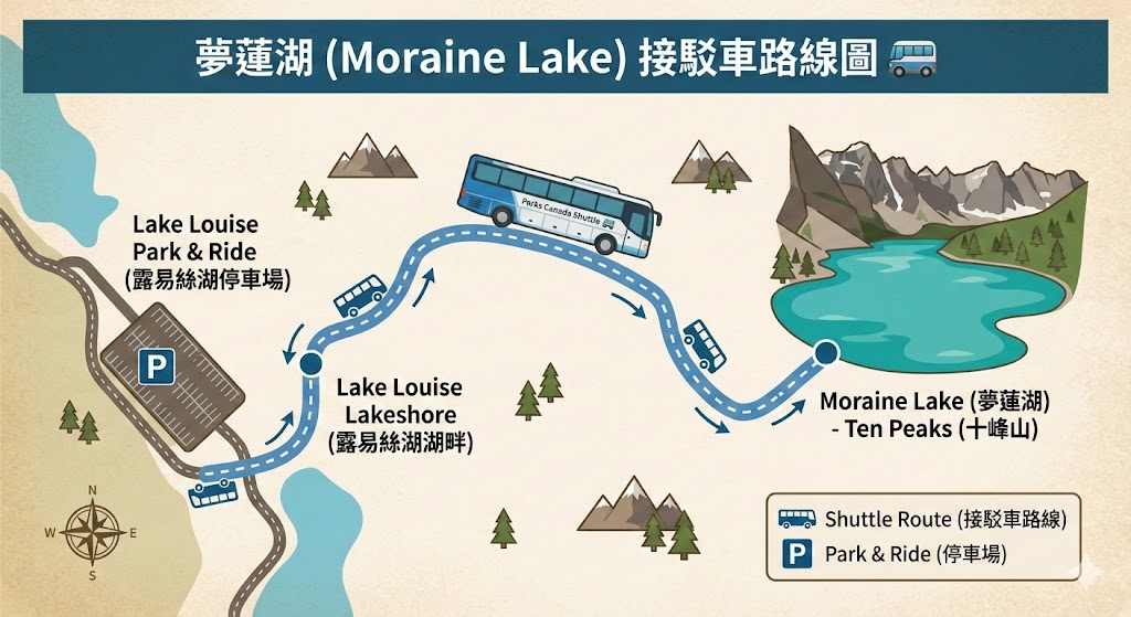 夢蓮湖 (Moraine Lake) 接駁車路線圖