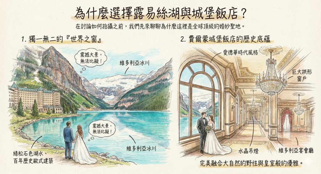 獨一無二的「世界之窗」 描繪了戶外的壯闊景色。背景是巍峨的維多利亞冰川與連綿雪山，前方是平靜的綠松石色湖水。左側矗立著費爾蒙露易絲湖城堡飯店的歐式建築外觀。一對新人背對鏡頭站在湖畔，望向大景。
