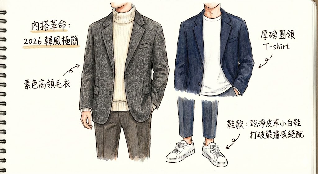 圖片左側展示了一位男性穿著深灰色西裝外套搭配米色高領毛衣，旁邊有手寫註解「素色高領毛衣」。右側展示了另一位男性穿著深藍色西裝外套搭配白色圓領T恤，註解為「厚磅圓領 T-shirt」。圖片下方聚焦於這兩位男性的下半身，他們都穿著九分西裝褲，腳踩乾淨的白色皮革運動鞋，旁邊有文字說明「鞋款: 乾淨皮革小白鞋，打破嚴肅感絕配」。整張圖呈現了韓系極簡風格的男士休閒西裝穿搭指南，強調以毛衣或T恤取代傳統襯衫，並搭配運動鞋。