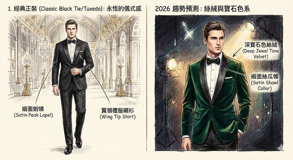這是一張分為左右兩格的手繪風格插圖，用來介紹新郎經典正裝與2026年的流行趨勢預測。

左側圖格的標題是「1. 經典正裝 (Classic Black Tie/Tuxedo): 永恆的儀式感」。插圖中描繪了一位身材挺拔的男士，身穿全套經典黑色塔克西多（Tuxedo）禮服，繫著黑色領結，行走在金碧輝煌的歐式宮廷長廊中。圖上有兩處重點標註：指向西裝領口的箭頭寫著「緞面劍領 (Satin Peak Lapel)」，指向襯衫領口的箭頭寫著「翼領禮服襯衫 (Wing Tip Shirt)」。

右側圖格的標題是「2026 趨勢預測: 絲絨與寶石色系」。插圖中的男士站在昏暗的攝影棚場景中，被強烈的聚光燈照亮，展現出電影般的質感。他穿著一件深祖母綠色的絲絨西裝外套，搭配黑色領結。圖上有兩處重點標註：指向外套面料的箭頭寫著「深寶石色絲絨 (Deep Jewel Tone Velvet)」，指向黑色圓弧形領口的箭頭寫著「緞面絲瓜領 (Satin Shawl Collar)」。