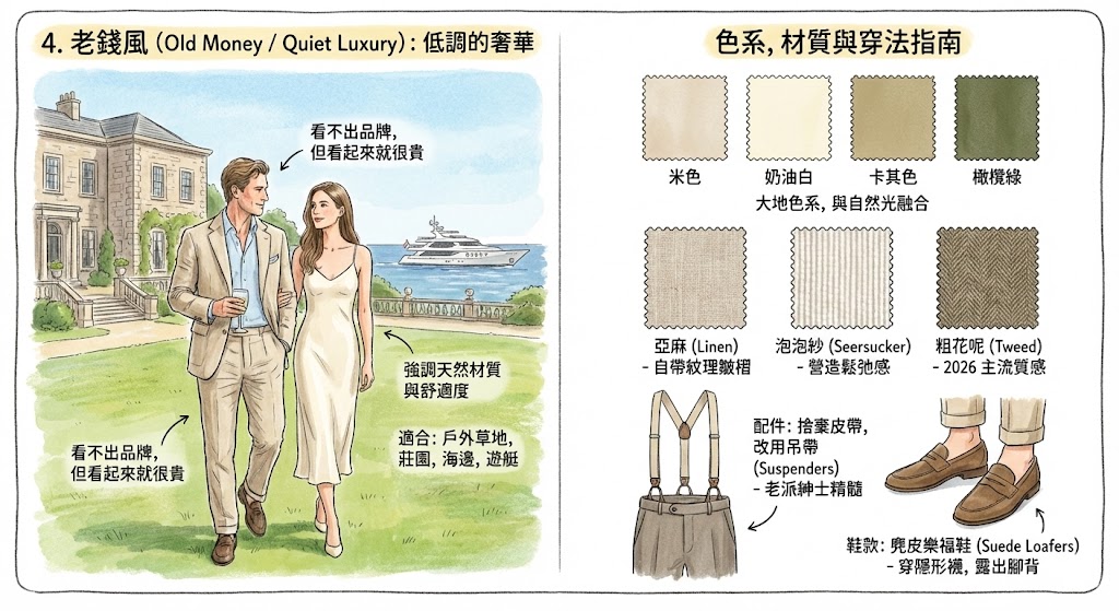 這張手繪圖分為兩格。左格標題為「4. 老錢風 (Old Money / Quiet Luxury)：低調的奢華」，描繪一對穿著米色和白色服裝的夫婦在豪宅莊園草坪上漫步，背景是遊艇和大海，強調天然材質與舒適度，適合戶外場景。右格標題為「色系、材質與穿法指南」，展示米色、奶油白、卡其色、橄欖綠等大地色票，以及亞麻、泡泡紗、粗花呢等布料樣本。下方插圖顯示配件應捨棄皮帶改用吊帶，鞋款則推薦麂皮樂福鞋並搭配隱形襪露出腳背。