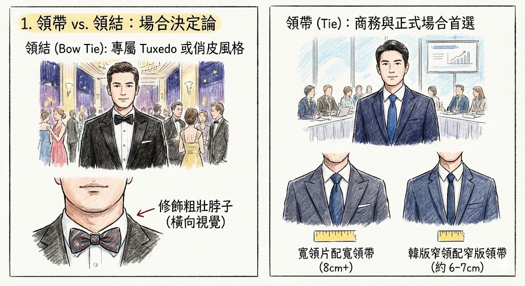 這張手繪圖比較領帶與領結。左格說明領結（Bow Tie）適合Tuxedo或俏皮風格，能修飾粗脖子。右格說明領帶（Tie）是商務正式首選，並圖解寬領片西裝應配8cm+寬領帶，韓版窄領西裝應配約6-7cm窄領帶。