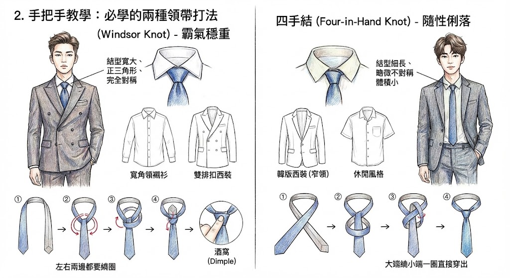雙格插畫指南，詳細圖解兩種領帶打法：左側為適合寬角領與雙排扣西裝的「溫莎結（Windsor Knot）」，風格霸氣穩重且對稱；右側為適合韓版窄領西裝的「四手結（Four-in-Hand Knot）」，風格隨性俐落。皆附韓系男模示範與完整步驟教學。
