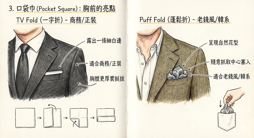 雙格手繪插圖指南，詳細教學兩種西裝口袋巾摺法：適合商務正裝的俐落「TV Fold一字折」，與適合老錢風韓系的自然「Puff Fold蓬鬆折」，並附步驟圖解。