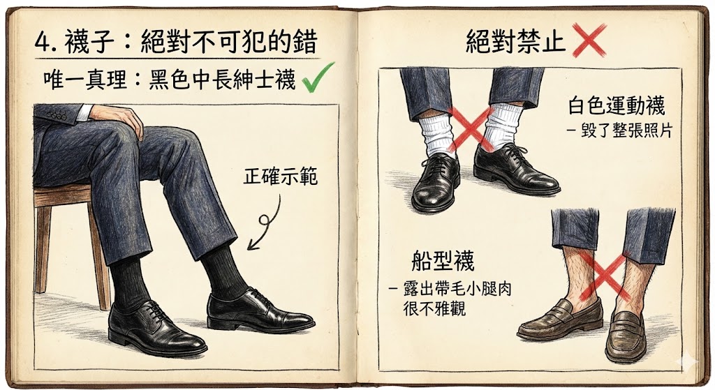 手繪插圖指南：新郎西裝襪子穿搭避雷。左側正確示範為「黑色中長紳士襪」，坐下不露腿；右側警告絕對禁止穿「白色運動襪」毀照片，或穿「船型襪」露出腿毛不雅觀。