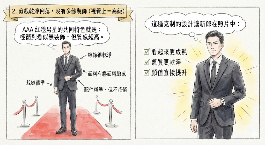 手繪圖解新郎西裝穿搭：效仿紅毯男星極簡剪裁，透過乾淨線條與霧面質感打造高級感，讓新郎顯得成熟帥氣。