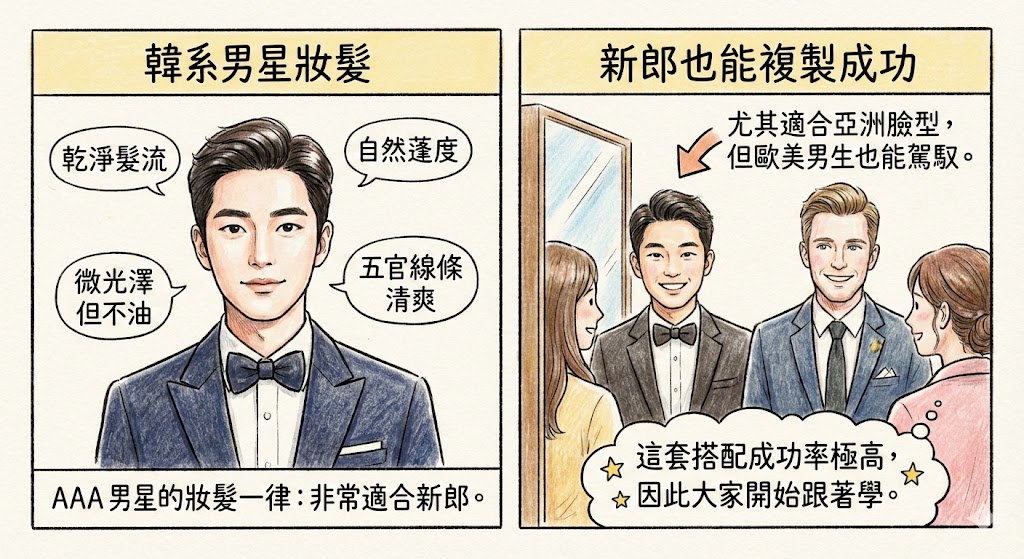 「二格手繪圖解韓系男星妝髮應用於新郎西裝造型。強調乾淨髮流與自然蓬度，適合亞洲及歐美臉型，展示複製明星風采的高成功率與清爽帥氣感。」
