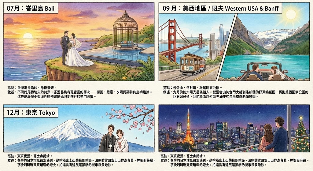 「手繪海外婚紗：峇里島 Alila 懸崖鳥巢、班夫露易絲湖絕景、東京富士山雪景。專屬客製旅拍，定格唯美浪漫瞬間。」